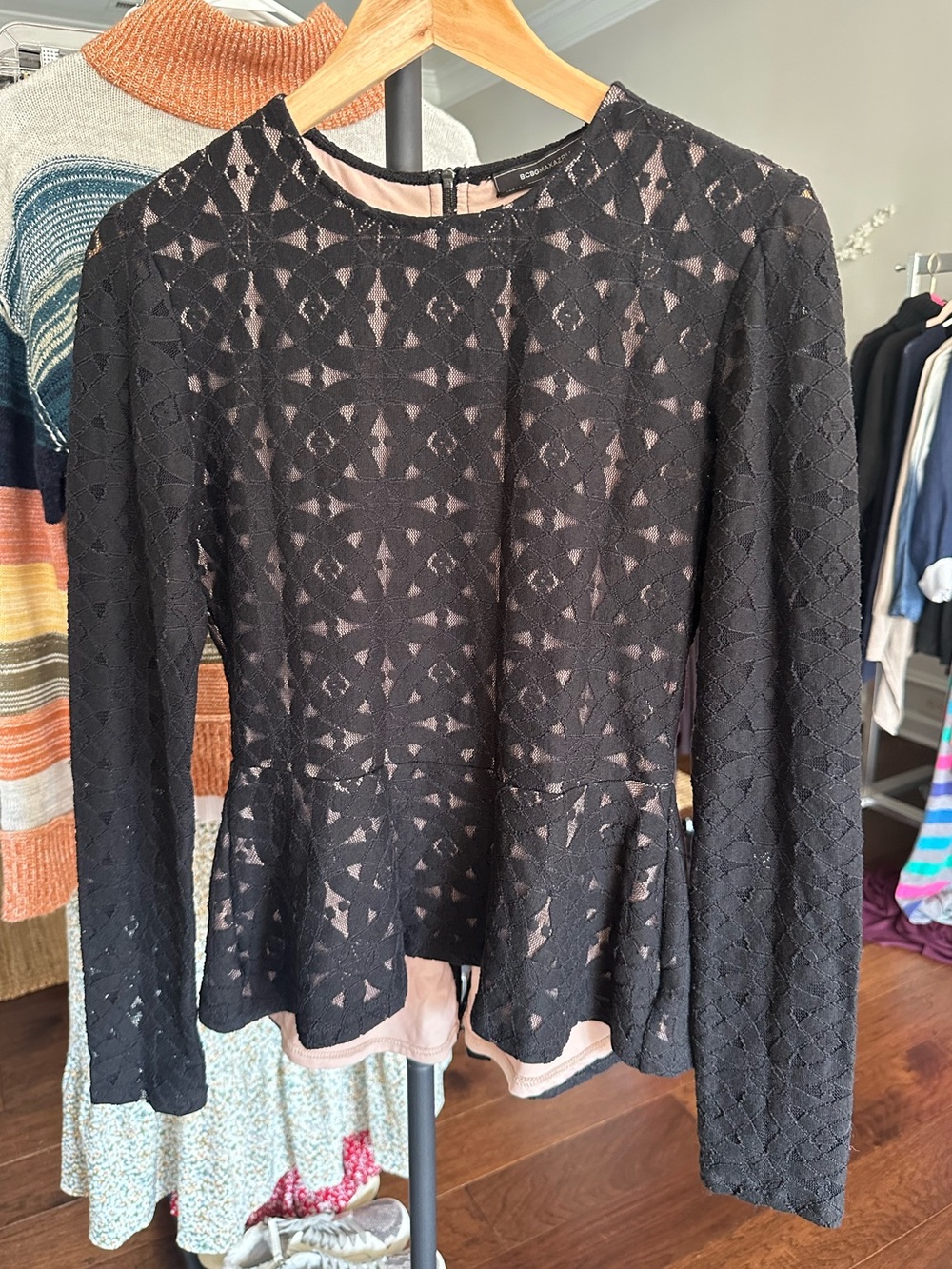 BCBGMAXAZRIA Black Lace Peplum Top – Size Small